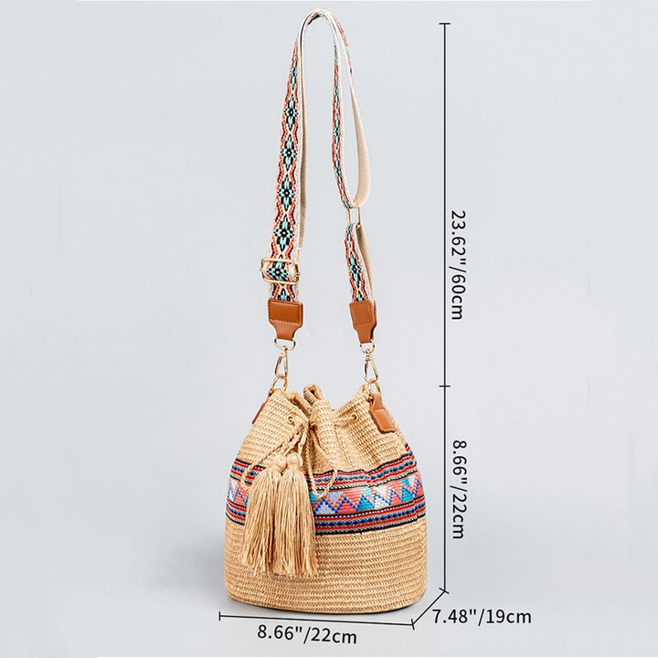 Buddha Stones Plaża Geometria Słoma Tkane Wiadro Frędzle Torba Crossbody Torba Na Ramię