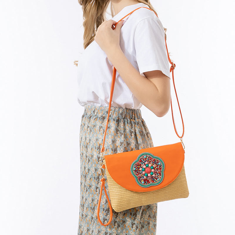 Buddha Stones Hamsa Słonia Kwiat Słomy Tkana Torba Crossbody Torba Na Ramię Torebka