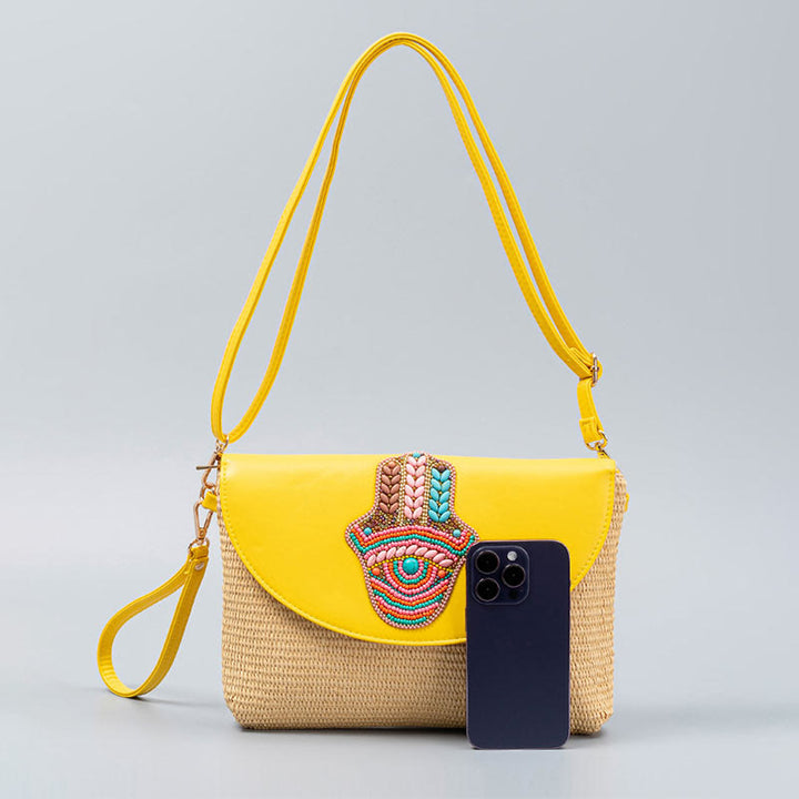 Buddha Stones Hamsa Słonia Kwiat Słomy Tkana Torba Crossbody Torba Na Ramię Torebka