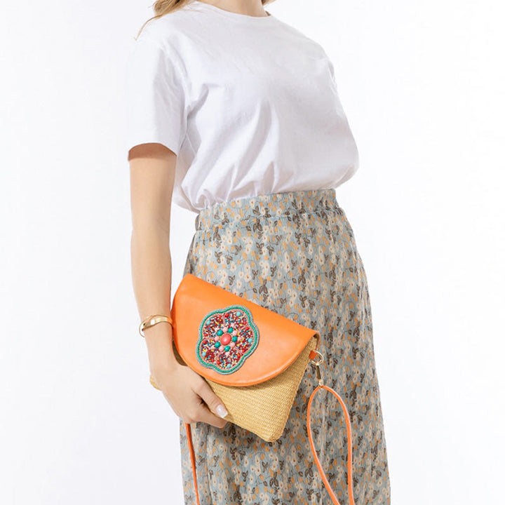 Buddha Stones Hamsa Słonia Kwiat Słomy Tkana Torba Crossbody Torba Na Ramię Torebka