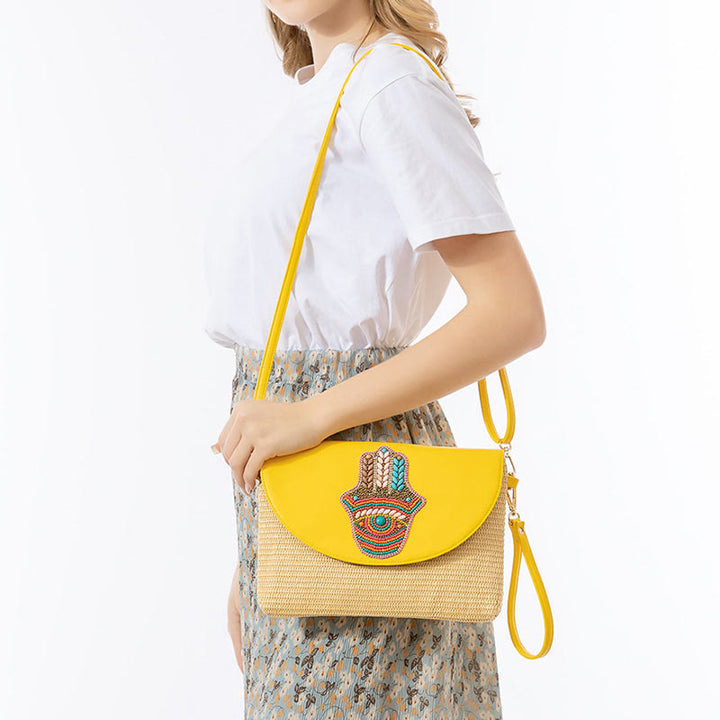 Buddha Stones Hamsa Słonia Kwiat Słomy Tkana Torba Crossbody Torba Na Ramię Torebka