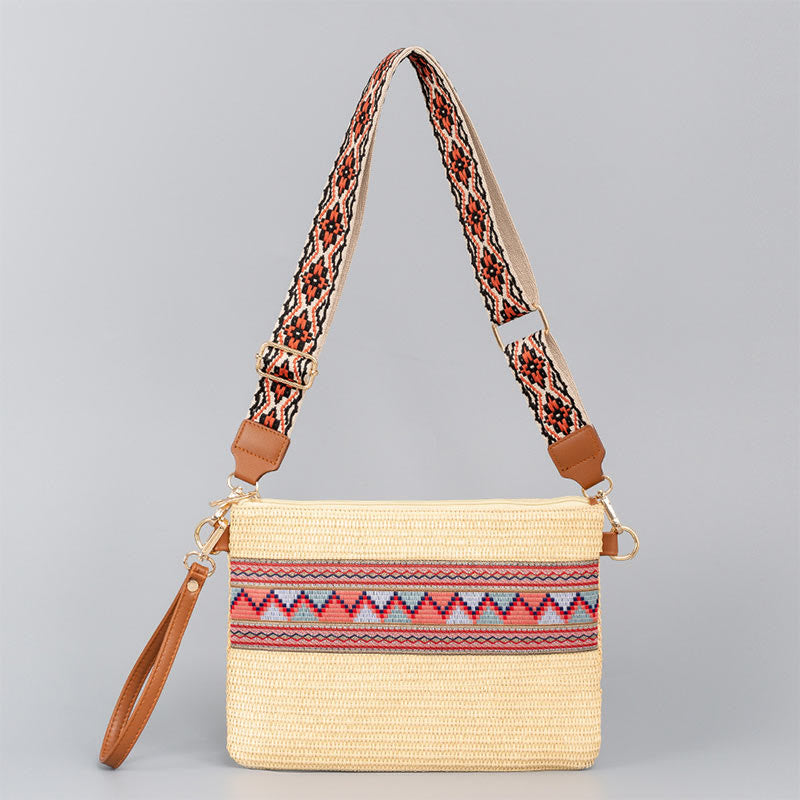 Buddha Stones Boho Kolorowa Geometria Słomiana Tkana Torba Crossbody Torba Na Ramię Torebka