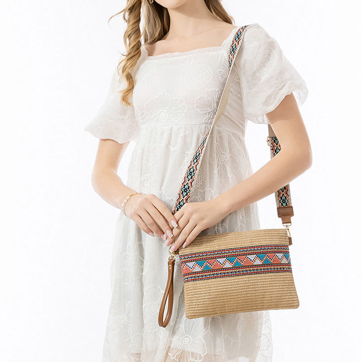 Buddha Stones Boho Kolorowa Geometria Słomiana Tkana Torba Crossbody Torba Na Ramię Torebka