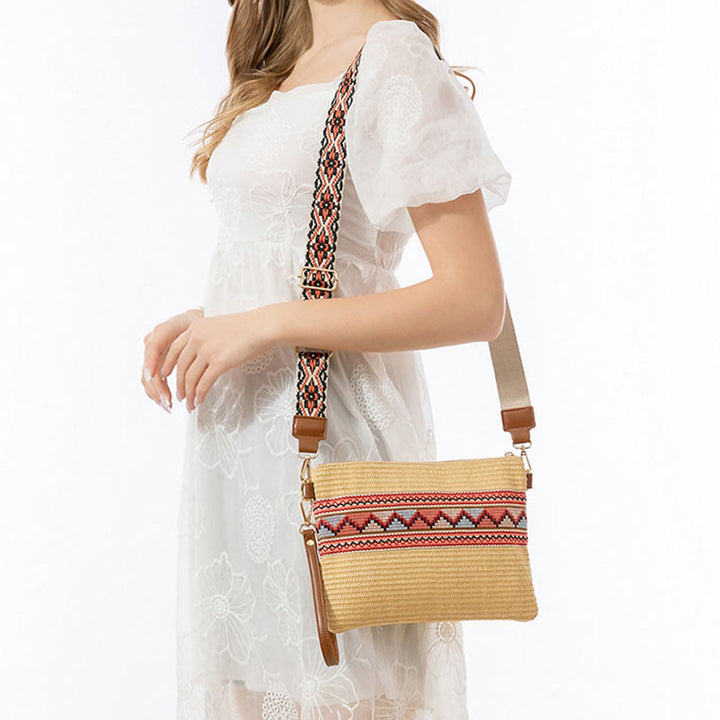 Buddha Stones Boho Kolorowa Geometria Słomiana Tkana Torba Crossbody Torba Na Ramię Torebka