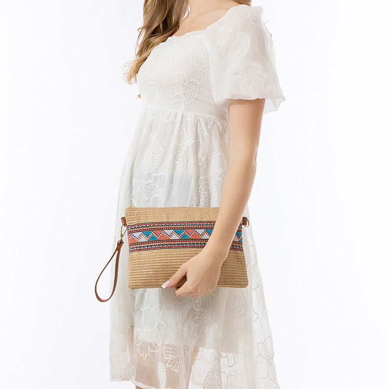 Buddha Stones Boho Kolorowa Geometria Słomiana Tkana Torba Crossbody Torba Na Ramię Torebka