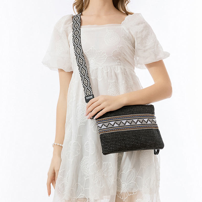 Buddha Stones Boho Kolorowa Geometria Słomiana Tkana Torba Crossbody Torba Na Ramię Torebka