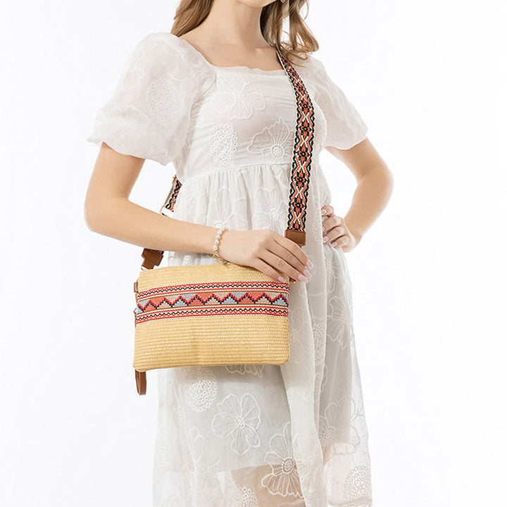 Buddha Stones Boho Kolorowa Geometria Słomiana Tkana Torba Crossbody Torba Na Ramię Torebka