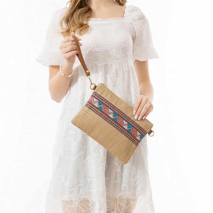 Buddha Stones Boho Kolorowa Geometria Słomiana Tkana Torba Crossbody Torba Na Ramię Torebka