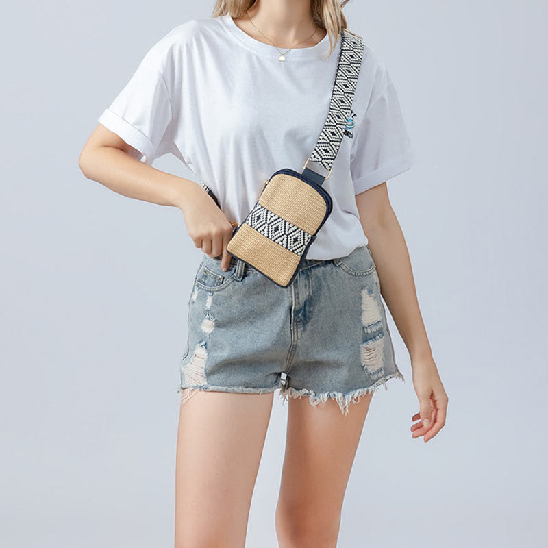 Buddha Stones Mała Geometryczna Torba Słomiana Tkana na Ramię