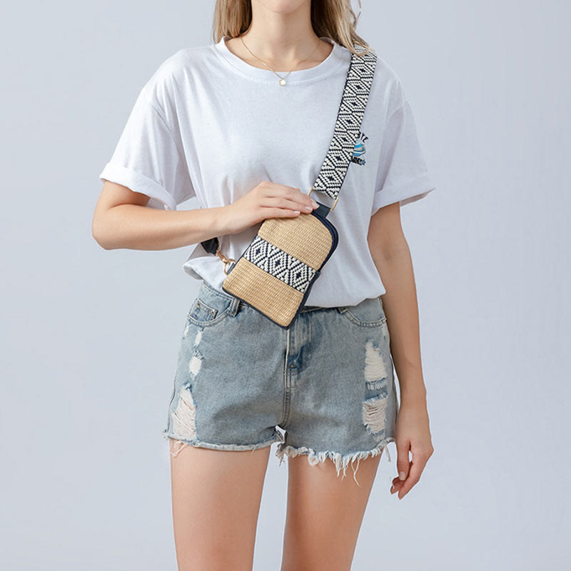 Buddha Stones Mała Geometryczna Torba Słomiana Tkana na Ramię