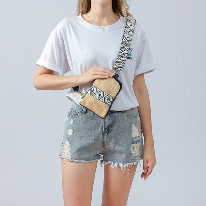 Buddha Stones Mała Geometryczna Torba Słomiana Tkana na Ramię