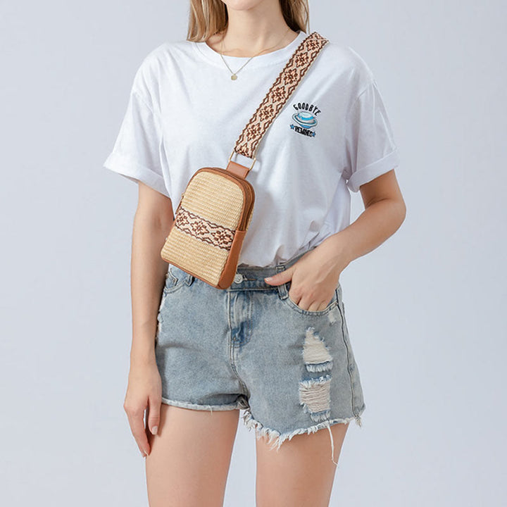 Buddha Stones Mała Geometryczna Torba Słomiana Tkana na Ramię