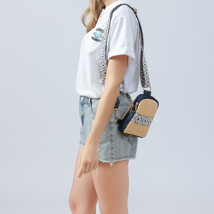 Buddha Stones Mała Geometryczna Torba Słomiana Tkana na Ramię