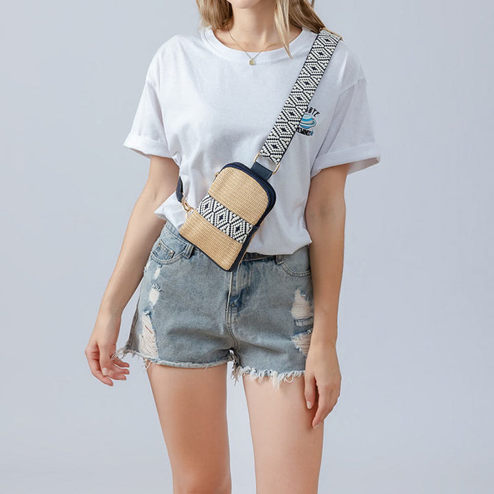 Buddha Stones Mała Geometryczna Torba Słomiana Tkana na Ramię