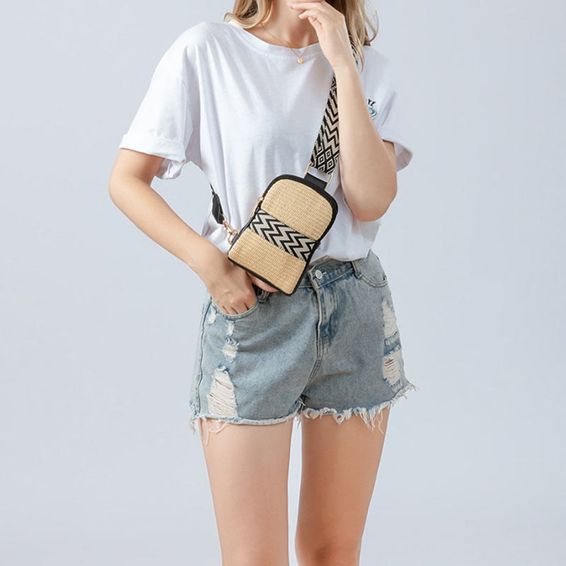 Buddha Stones Mała Geometryczna Torba Słomiana Tkana na Ramię