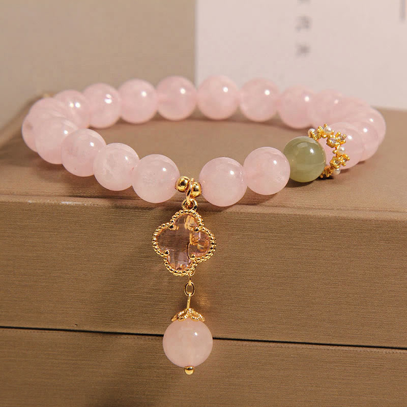 Bransoletka uspokajająca Buddha Stones Natural Pink Crystal Four Leaf Clover
