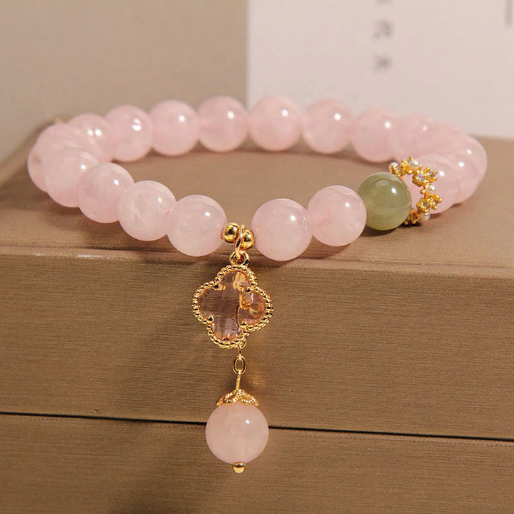 Bransoletka uspokajająca Buddha Stones Natural Pink Crystal Four Leaf Clover