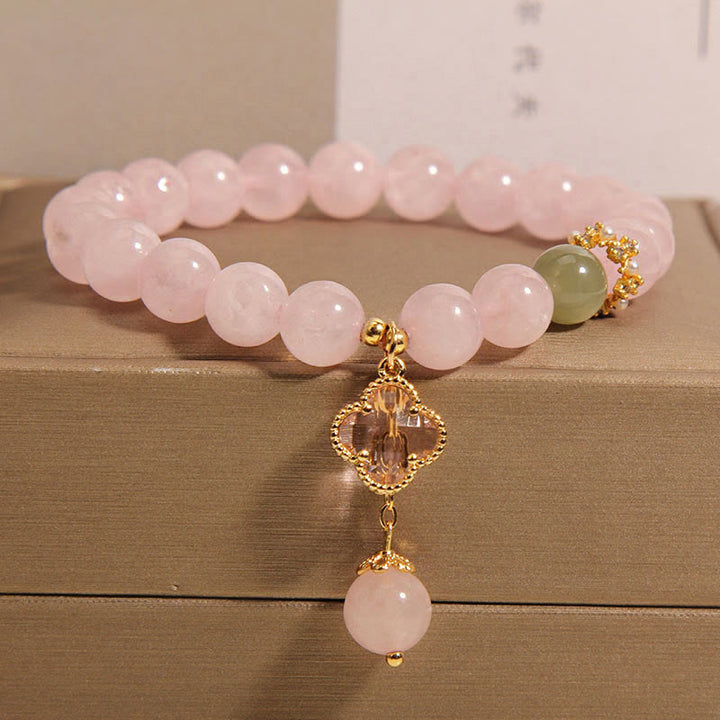 Bransoletka uspokajająca Buddha Stones Natural Pink Crystal Four Leaf Clover - Różowy kryształ (obwód nadgarstka: 14-17 cm) - image 0