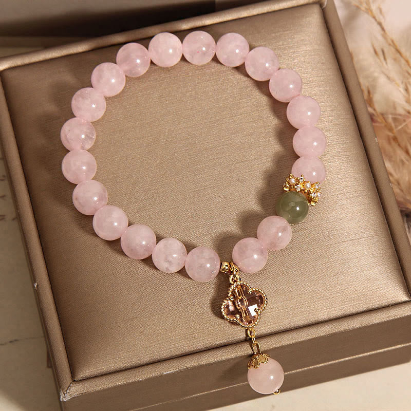 Bransoletka uspokajająca Buddha Stones Natural Pink Crystal Four Leaf Clover