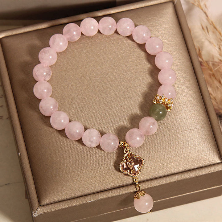 Bransoletka uspokajająca Buddha Stones Natural Pink Crystal Four Leaf Clover