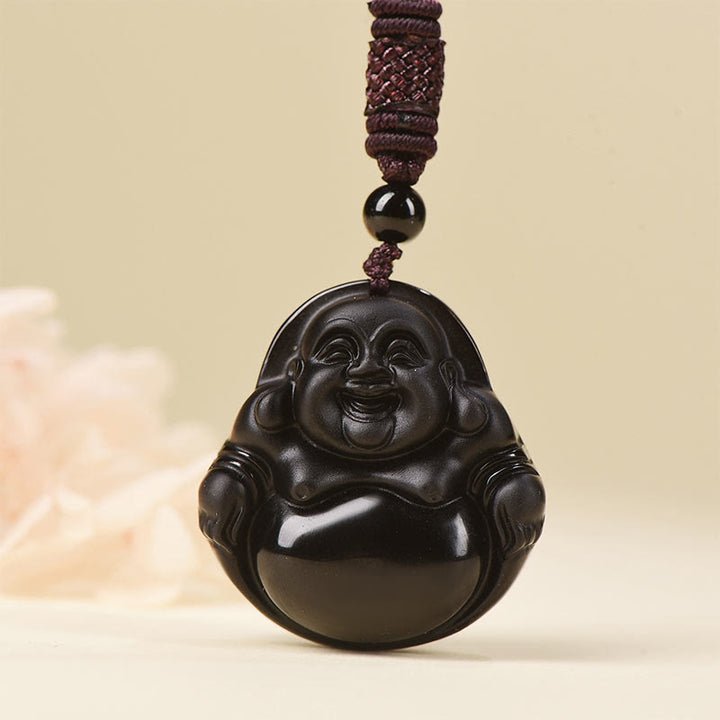 Buddha Stones Naturalny Czarny Obsydian Lodowy Obsydian Śmiejący się Budda Naszyjnik Oczyszczający Wisiorek