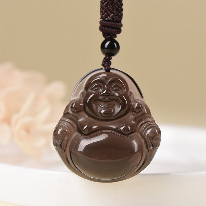 Buddha Stones Naturalny Czarny Obsydian Lodowy Obsydian Śmiejący się Budda Naszyjnik Oczyszczający Wisiorek