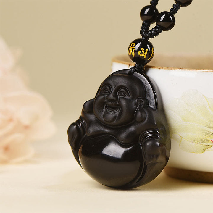 Buddha Stones Naturalny Czarny Obsydian Lodowy Obsydian Śmiejący się Budda Naszyjnik Oczyszczający Wisiorek