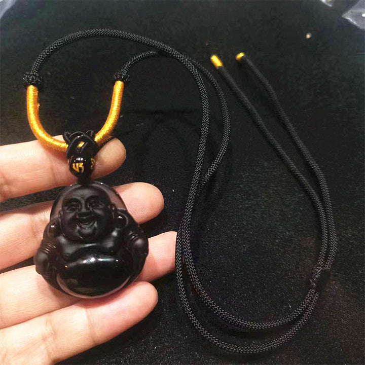 Buddha Stones Naturalny Czarny Obsydian Lodowy Obsydian Śmiejący się Budda Naszyjnik Oczyszczający Wisiorek