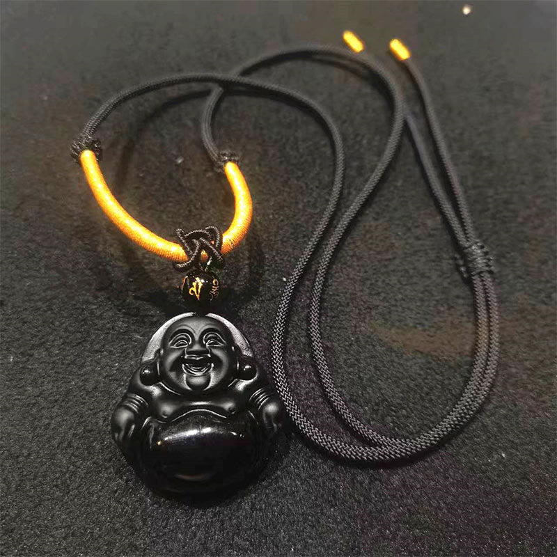 Buddha Stones Naturalny Czarny Obsydian Lodowy Obsydian Śmiejący się Budda Naszyjnik Oczyszczający Wisiorek