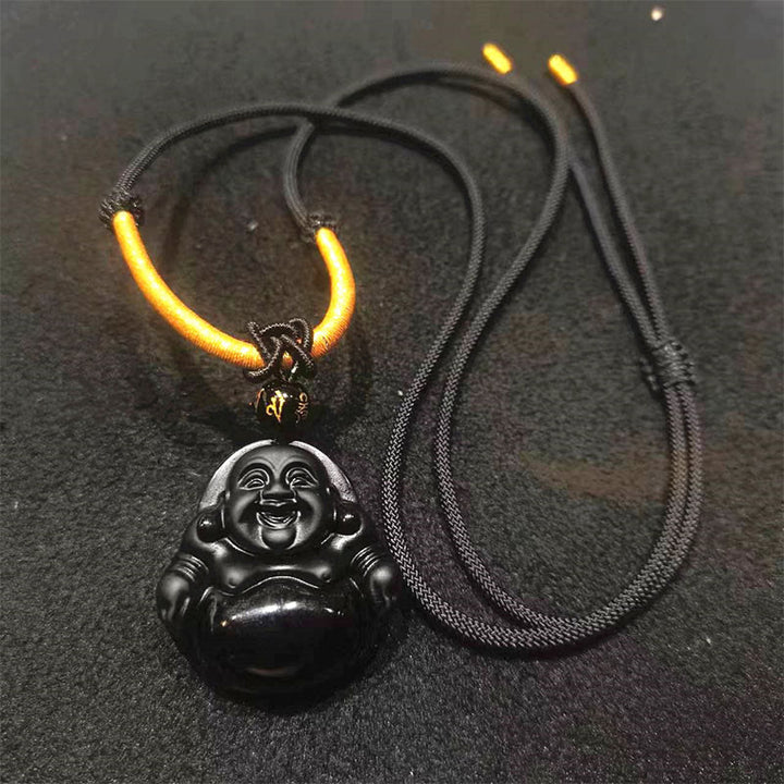 Buddha Stones Naturalny Czarny Obsydian Lodowy Obsydian Śmiejący się Budda Naszyjnik Oczyszczający Wisiorek