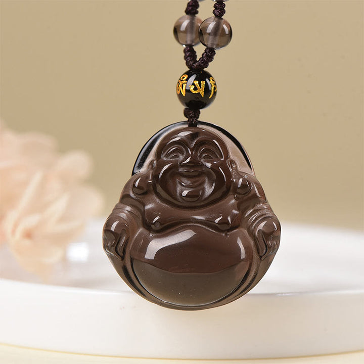 Buddha Stones Naturalny Czarny Obsydian Lodowy Obsydian Śmiejący się Budda Naszyjnik Oczyszczający Wisiorek