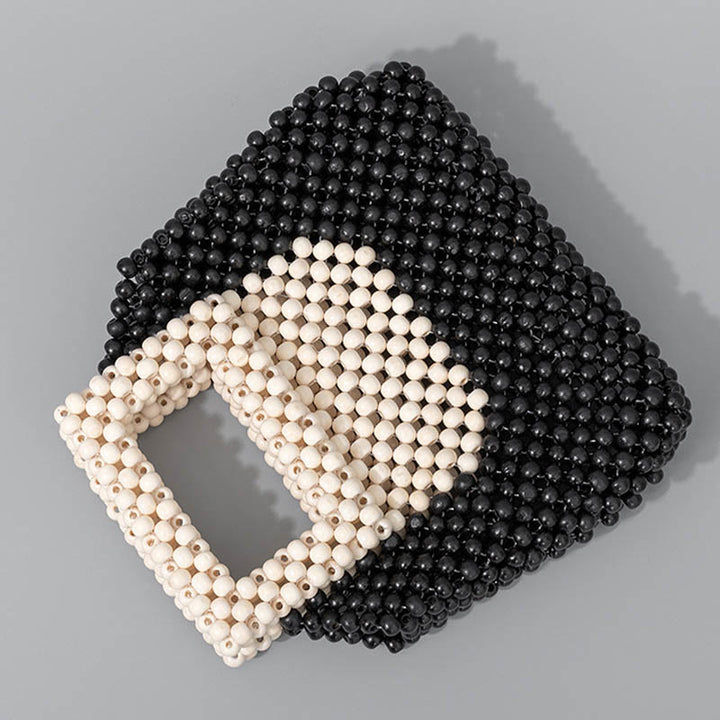 Torebka typu Tote z Buddha Stones tkana ręcznie z drewnianych koralików w kształcie kwadratu