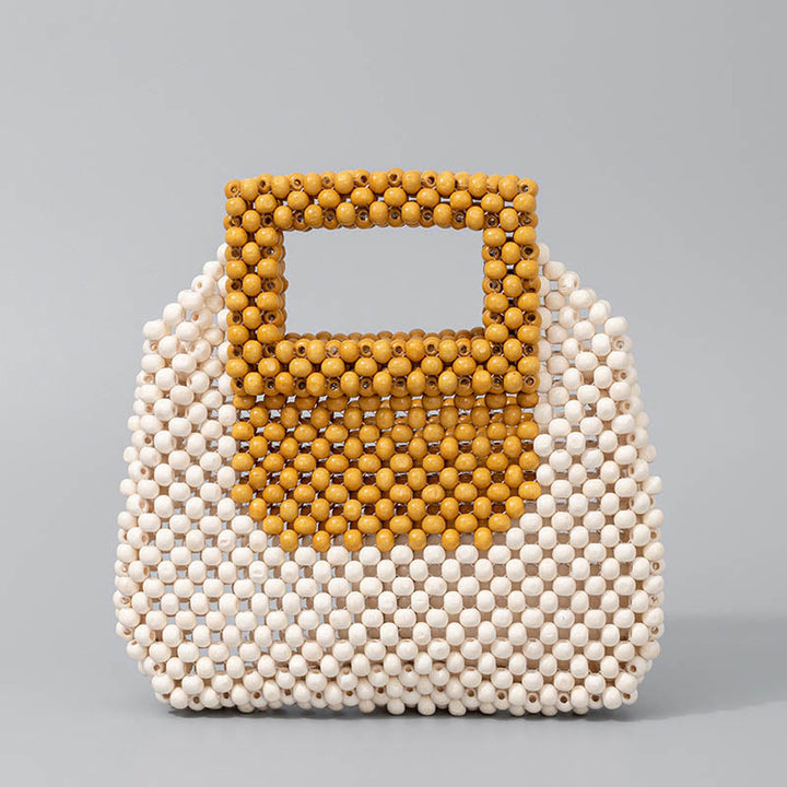 Torebka typu Tote z Buddha Stones tkana ręcznie z drewnianych koralików w kształcie kwadratu