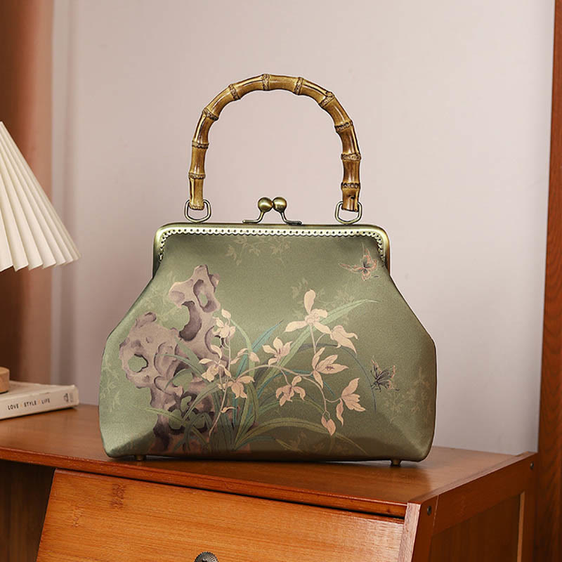 Buddha Stones Zielone rośliny Góry Bambus Uchwyt Metalowy Łańcuch Torba Crossbody Torebki