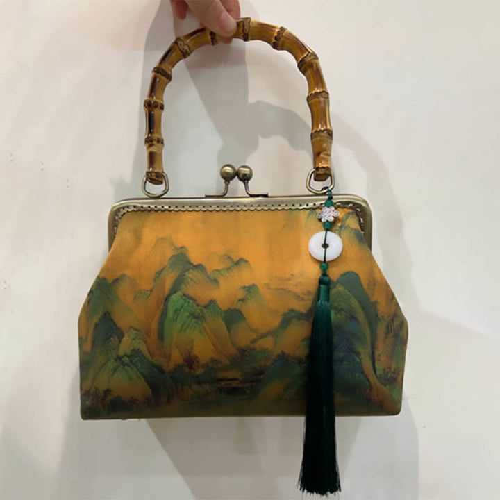 Buddha Stones Zielone rośliny Góry Bambus Uchwyt Metalowy Łańcuch Torba Crossbody Torebki