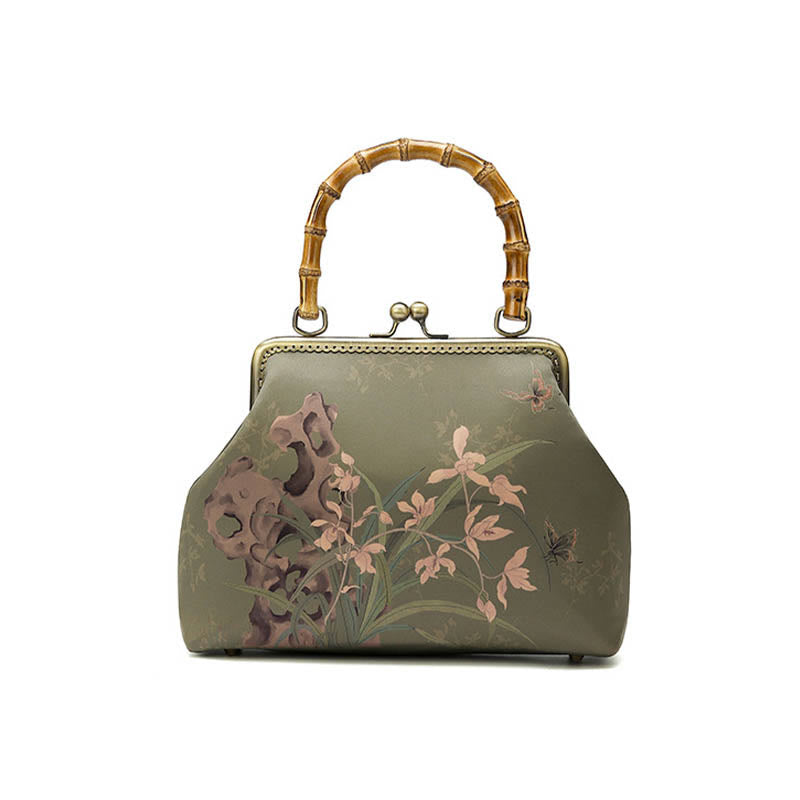 Buddha Stones Zielone rośliny Góry Bambus Uchwyt Metalowy Łańcuch Torba Crossbody Torebki