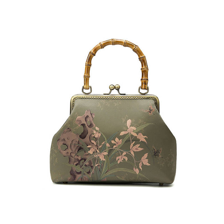 Buddha Stones Zielone rośliny Góry Bambus Uchwyt Metalowy Łańcuch Torba Crossbody Torebki