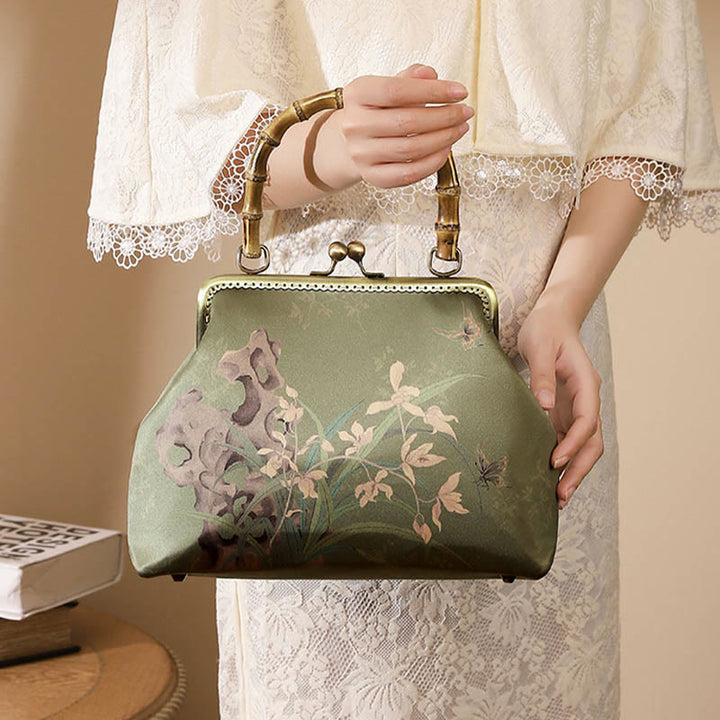 Buddha Stones Zielone rośliny Góry Bambus Uchwyt Metalowy Łańcuch Torba Crossbody Torebki