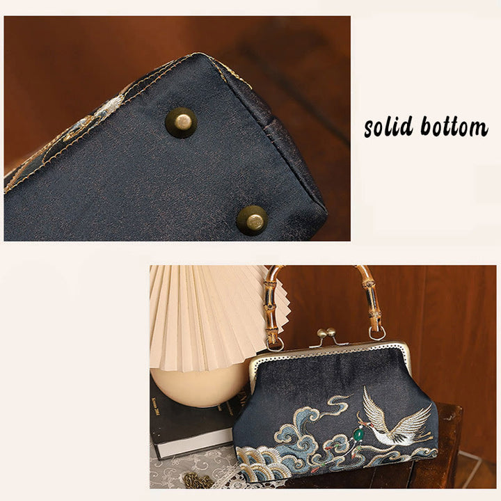 Buddha Stones Pomyślne Chmury Żurawie Haft Bambusowy Uchwyt Torebka Torebka Crossbody