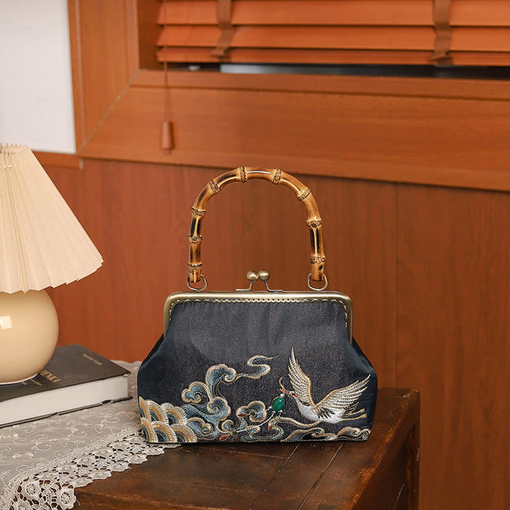 Buddha Stones Pomyślne Chmury Żurawie Haft Bambusowy Uchwyt Torebka Torebka Crossbody