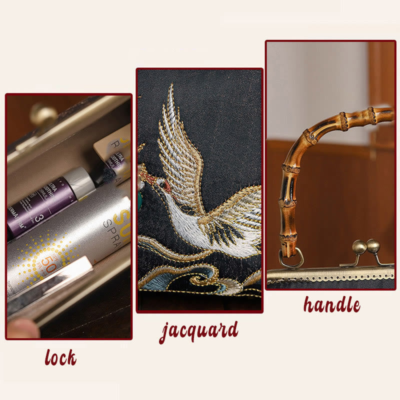 Buddha Stones Pomyślne Chmury Żurawie Haft Bambusowy Uchwyt Torebka Torebka Crossbody