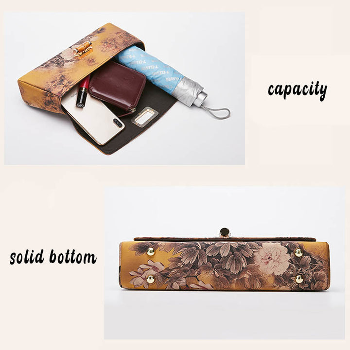 Buddha Stones Kwiat Wzór Bambus Uchwyt Metalowy Łańcuch Torba Crossbody Torebki