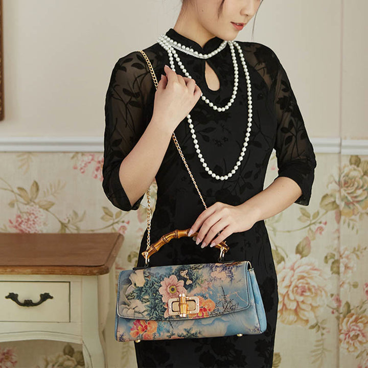 Buddha Stones Kwiat Wzór Bambus Uchwyt Metalowy Łańcuch Torba Crossbody Torebki