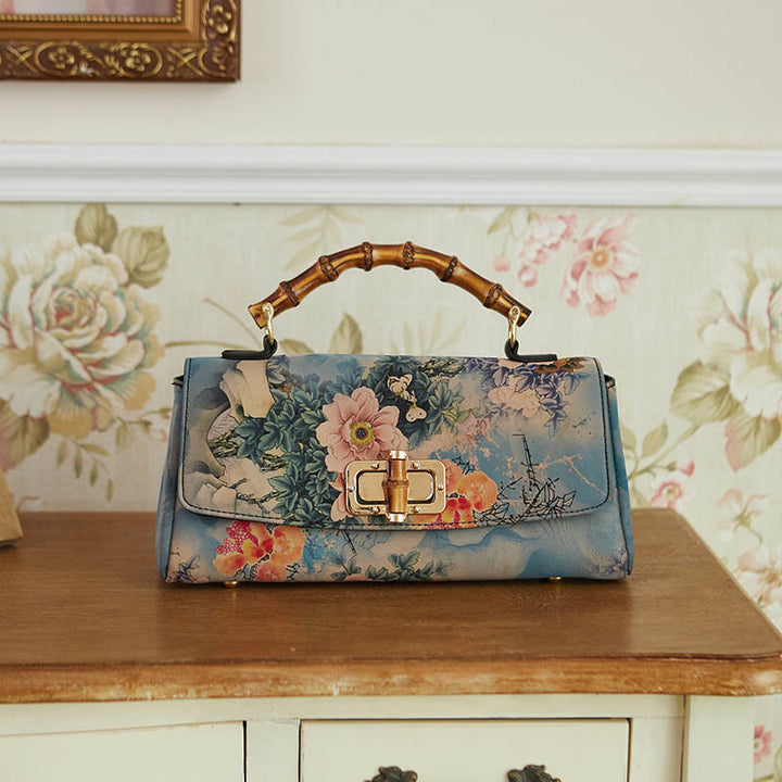 Buddha Stones Kwiat Wzór Bambus Uchwyt Metalowy Łańcuch Torba Crossbody Torebki