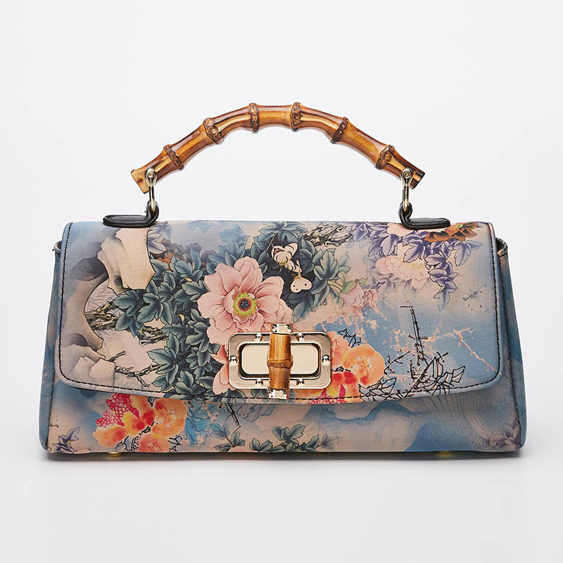 Buddha Stones Kwiat Wzór Bambus Uchwyt Metalowy Łańcuch Torba Crossbody Torebki