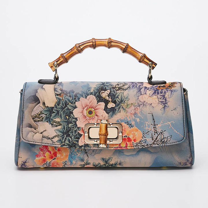 Buddha Stones Kwiat Wzór Bambus Uchwyt Metalowy Łańcuch Torba Crossbody Torebki