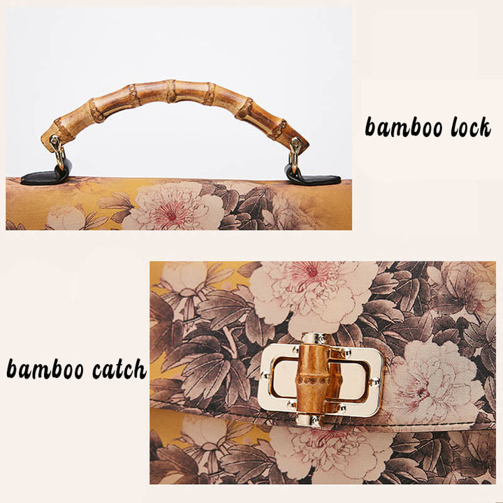 Buddha Stones Kwiat Wzór Bambus Uchwyt Metalowy Łańcuch Torba Crossbody Torebki
