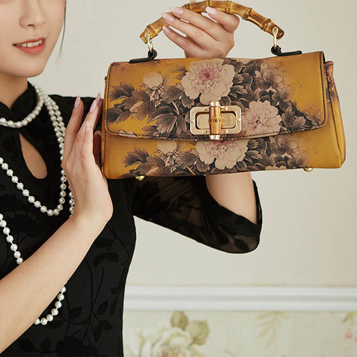 Buddha Stones Kwiat Wzór Bambus Uchwyt Metalowy Łańcuch Torba Crossbody Torebki