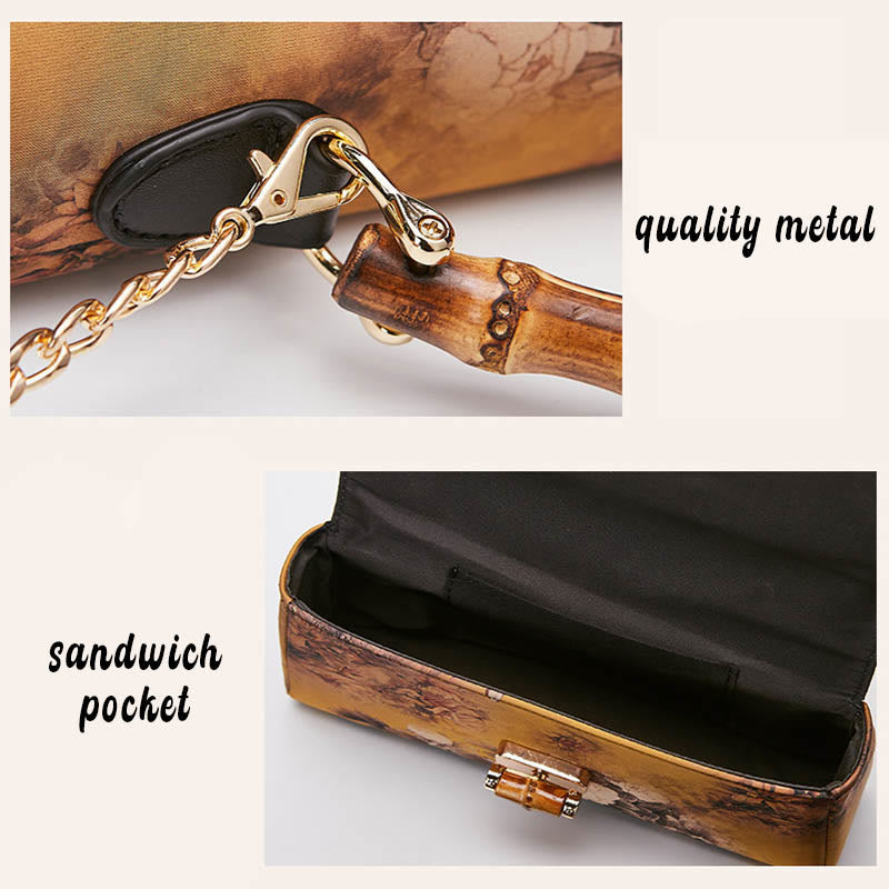 Buddha Stones Kwiat Wzór Bambus Uchwyt Metalowy Łańcuch Torba Crossbody Torebki