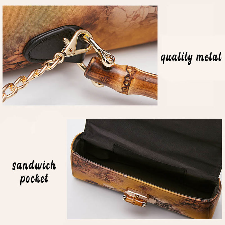 Buddha Stones Kwiat Wzór Bambus Uchwyt Metalowy Łańcuch Torba Crossbody Torebki